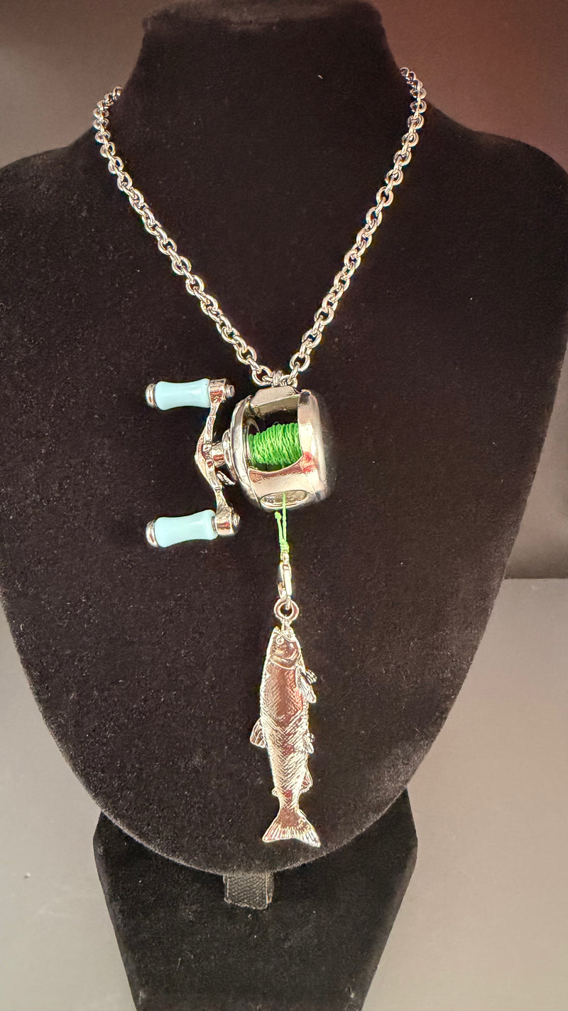 Flannel Daddy Reel Attraction working fishing reel necklace with trout charm