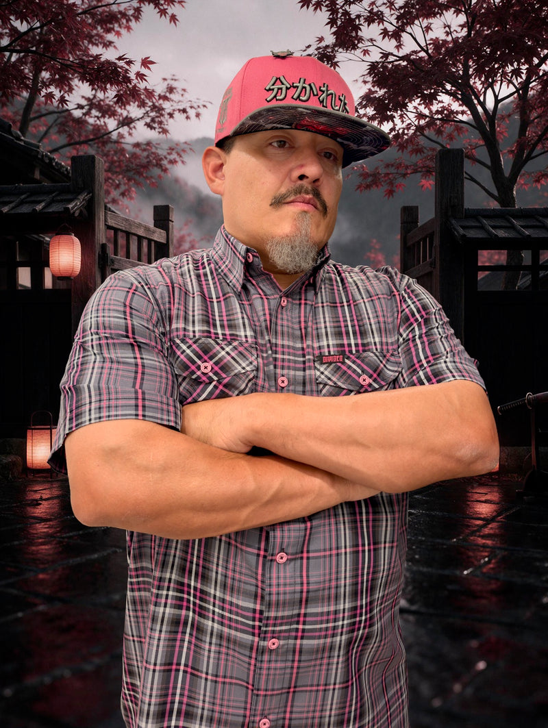 Divided Flannel Co. Seppuku snapback gray crown with pink brim lifestyle photo