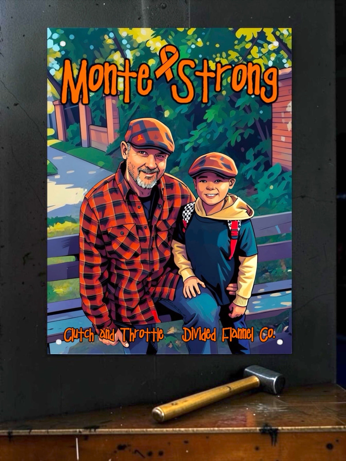 Monte Strong artwork featuring father and child, Clutch and Throttle and Divided Flannel Co.