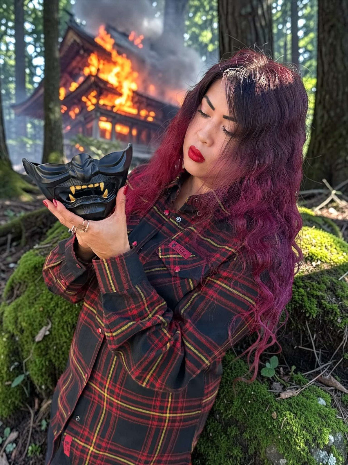 Divided Flannel Womens Hannya Flannel -  Person holding a black mask in a forest with a burning building in the background