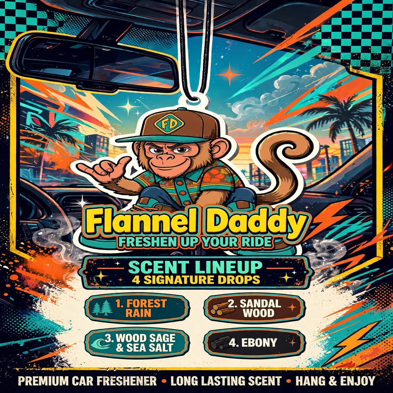 Flannel Daddy car air freshener scent lineup featuring Forest Rain, Sandalwood, Wood Sage & Sea Salt, and Ebony