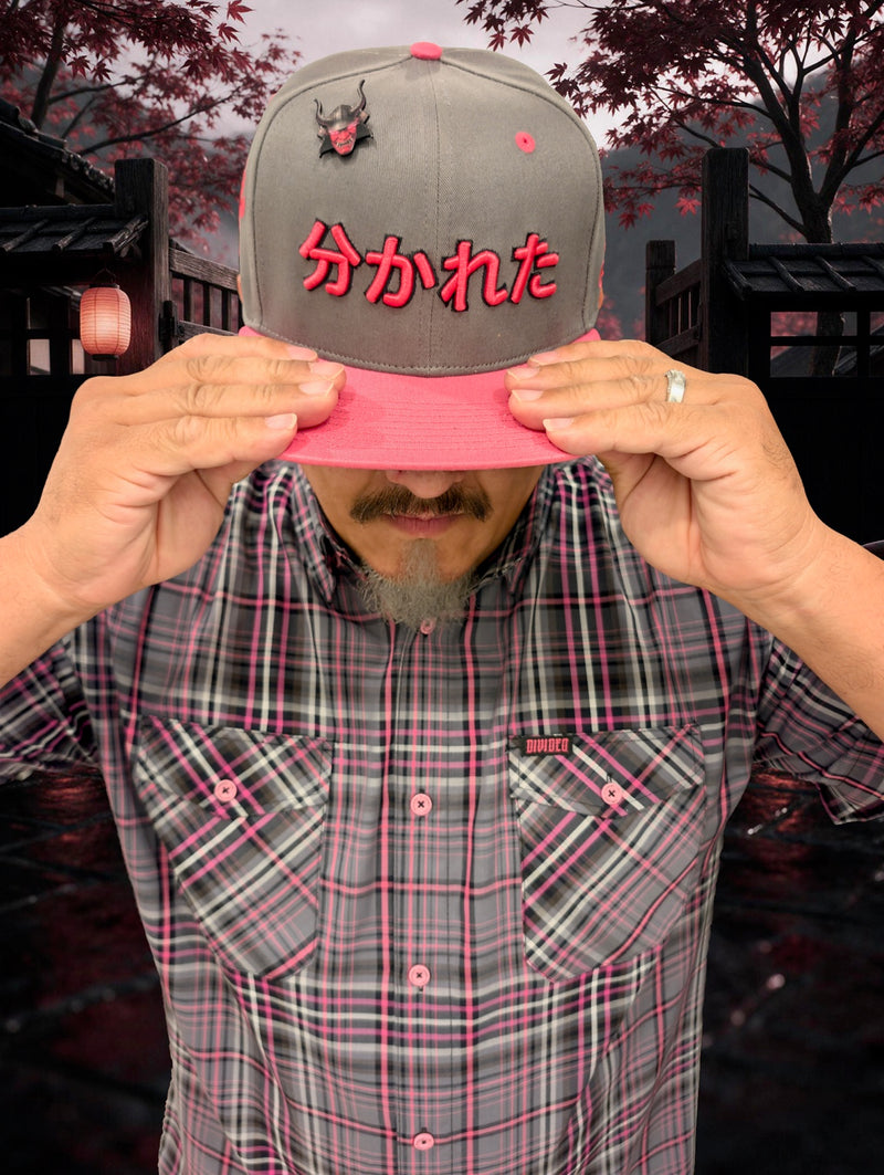 Divided Flannel Co. Seppuku snapback gray crown with pink brim front view