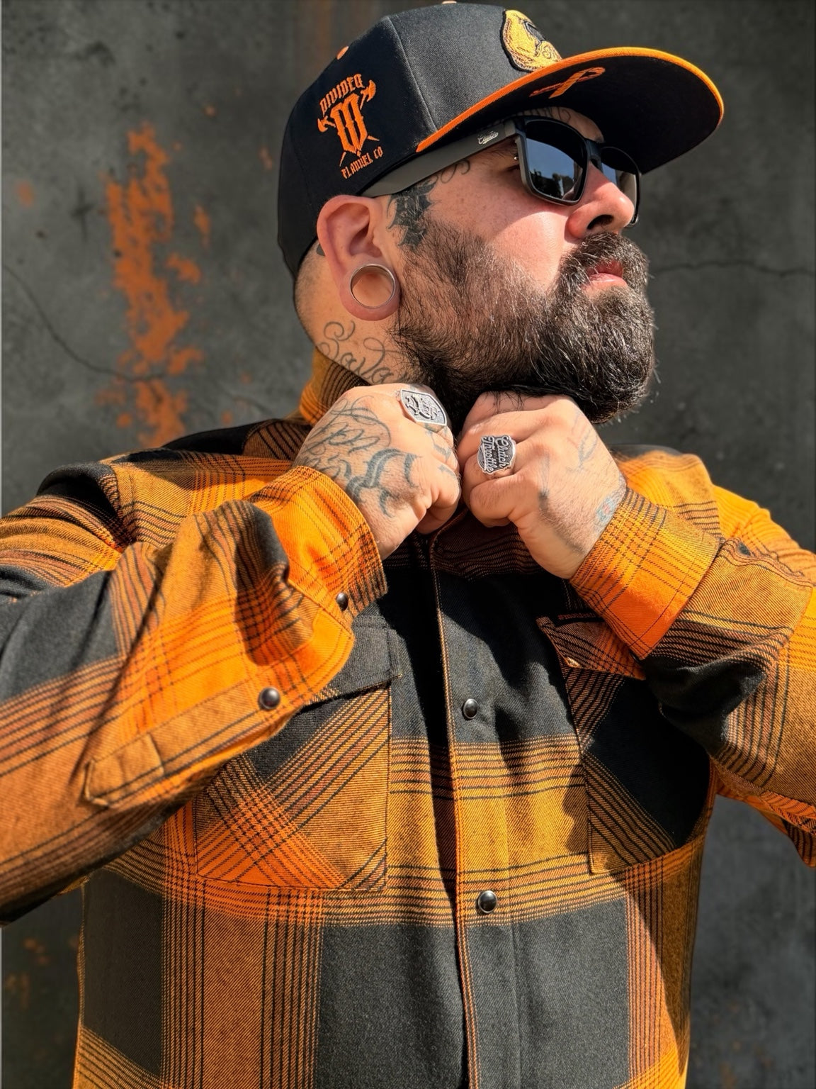 Monte Strong orange and charcoal plaid flannel original product photo