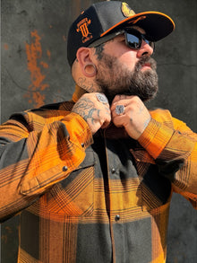 Monte Strong orange and charcoal plaid flannel original product photo