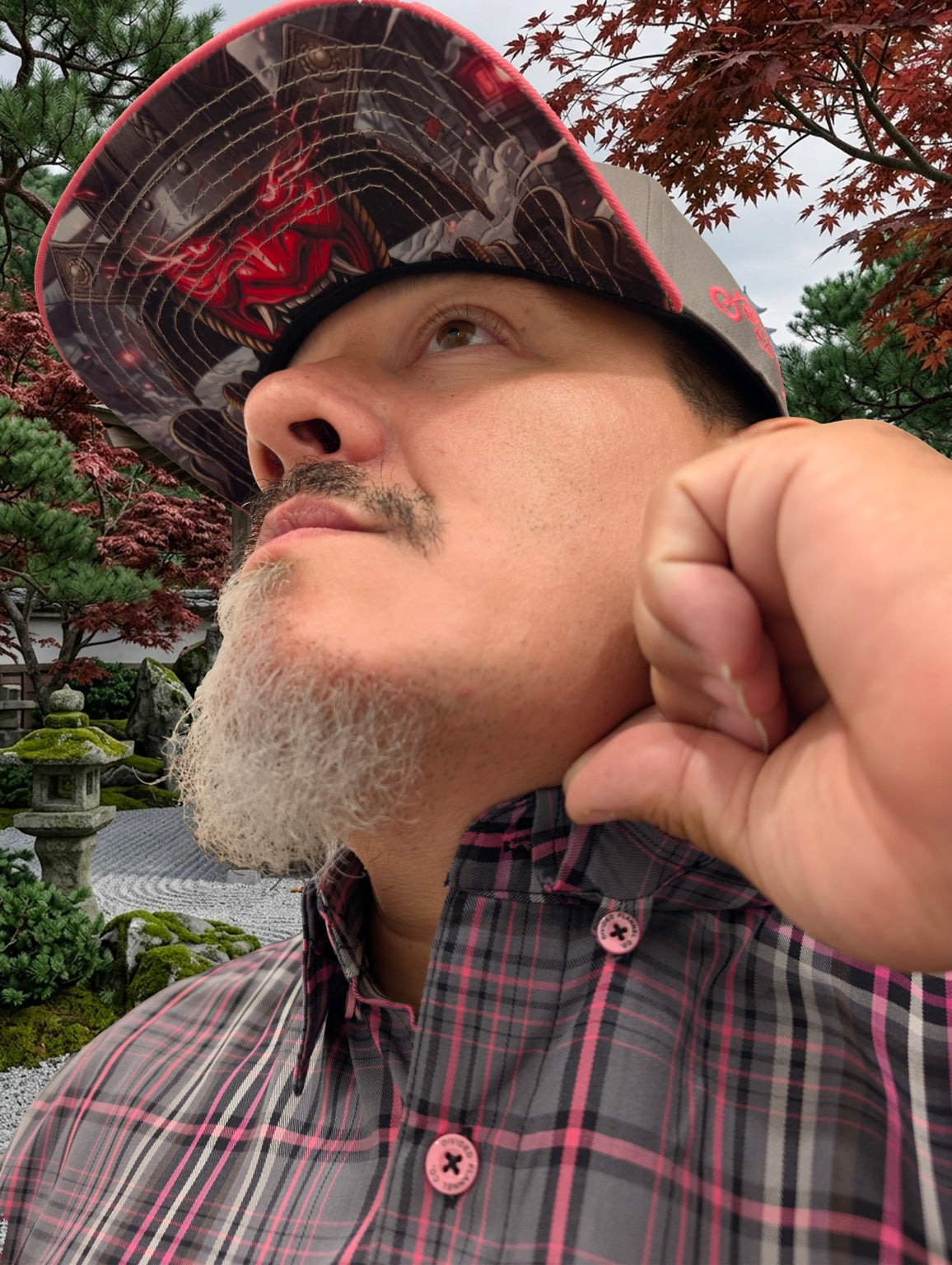 Close-up detail of Divided Flannel Co. Seppuku bamboo short sleeve shirt and matching cap