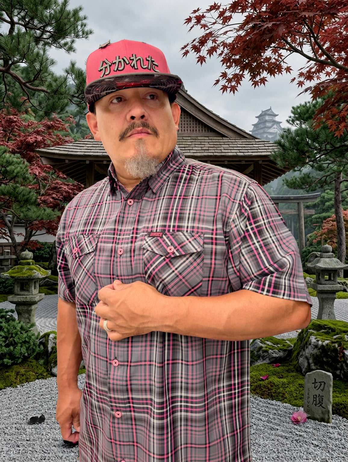 Men's Divided Flannel Co. Seppuku bamboo short sleeve shirt in garden setting