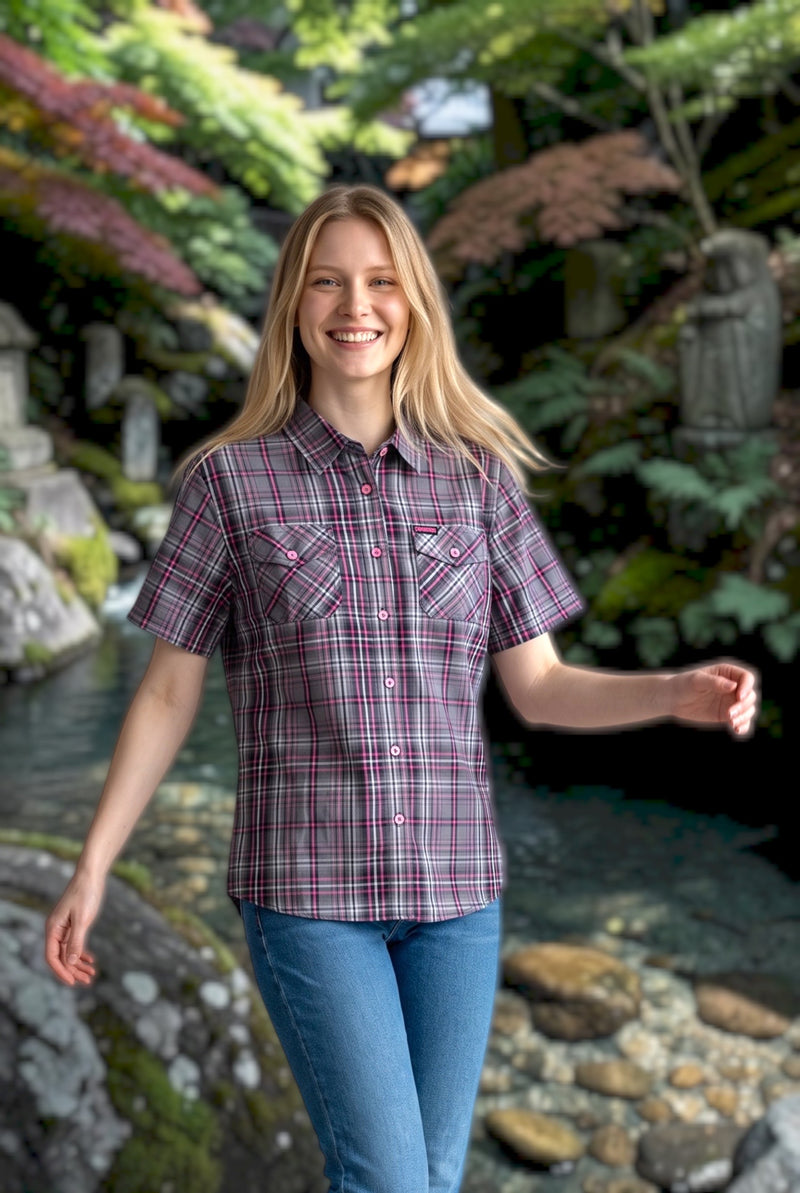 Women’s Divided Flannel Co. Seppuku bamboo short sleeve shirt lifestyle front view